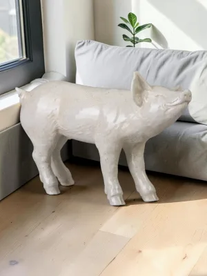 Liorventhys Decorative Ceramic Pig Sculpture, Glossy White Crackle Finish, 21.5"L x 6"D x 14"H