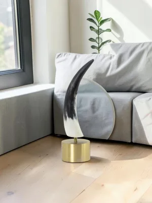 Liorventhys Daylon Horn Sculpture, Natural Horn with Brass Base, 15H x 4.5W x 4.5D
