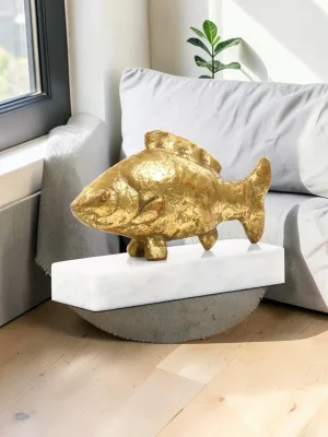 Liorventhys Gold Carp Statue, Iron and Marble Decor, 8.5 x 3 x 5.5 Inches