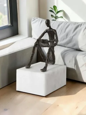 Liorventhys Iron Reading Figure Sculpture, Cast Iron and Marble Base, 4W x 6H x 9D Inch