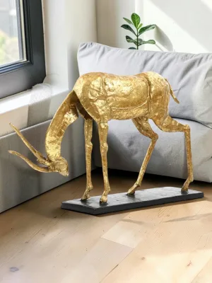 Liorventhys Antelope Sculpture Gold Leaf Cast Iron 9.5H x 15.5W x 5D