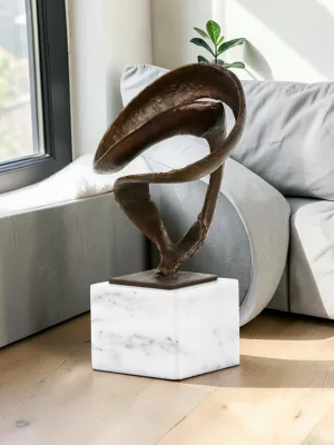 Liorventhys Ribbon Sculpture, Cast Iron with Antique Bronze Finish on White Marble Base, 9"H x 5"W x 3.5"D