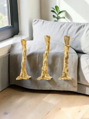 Liorventhys Set of 3 Gold Candlesticks, Iron Branch Design, 7.5 to 9.5-inch Heights