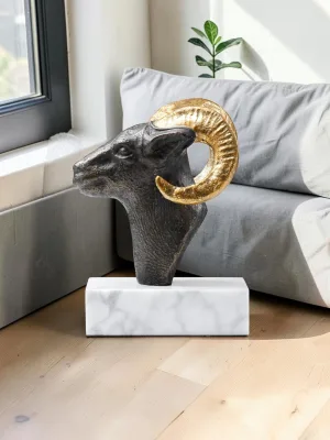 Liorventhys Ram Statue, Bronze and Gold Finish, White Marble Base, 6.5 x 6.5 x 9.5 Inches