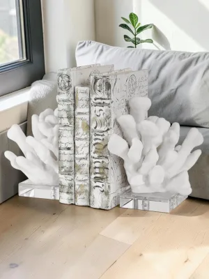 Liorventhys White Coral Bookends, Set of 2, Resin and K9 Crystal, 5.75W x 7.62D x 9H