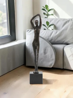 Liorventhys Abstract Female Dancer Statue, Bronze Finished Iron on Black Marble Base, 17.5" H